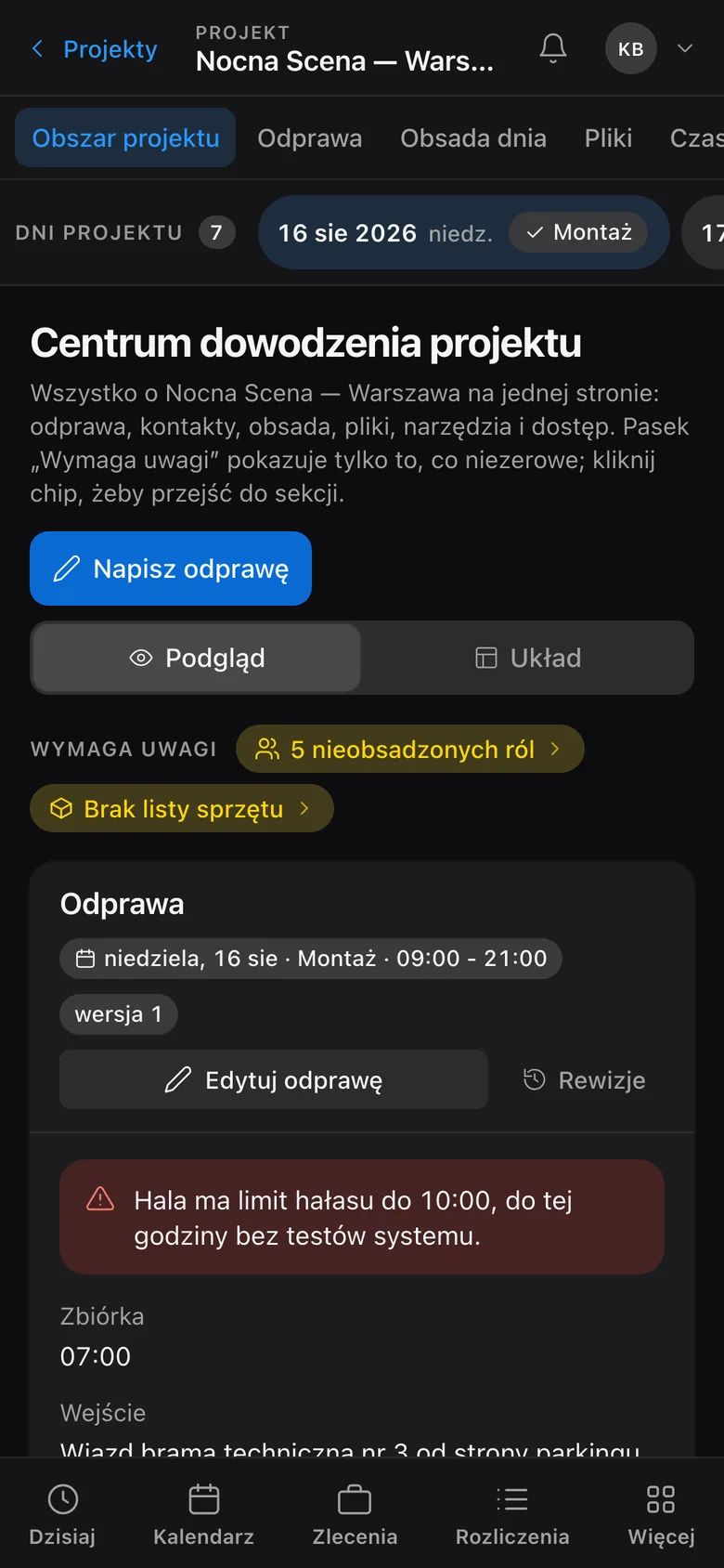 Obszar projektu na telefonie: dzień, odprawa, obsada, zakwaterowanie, pliki i checklisty.